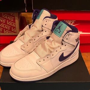 Jordan 1 White Sneakers with Purple and Teal Accents